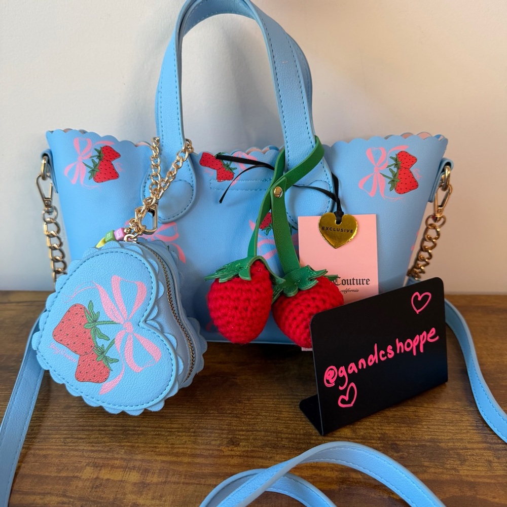 Juicy Couture Light Blue Strawberry Print Tote with Strawberry Charm